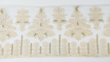 9 Yards Off White Net Lace Trim Floral Embroidery and Gold Sequins, Floral Sari Border, Decorative Trim